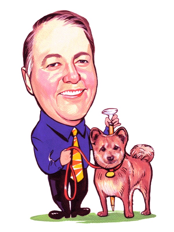 A cartoon drawing of Troy Ottwell, smiling, with his dog Lucky on a leash.